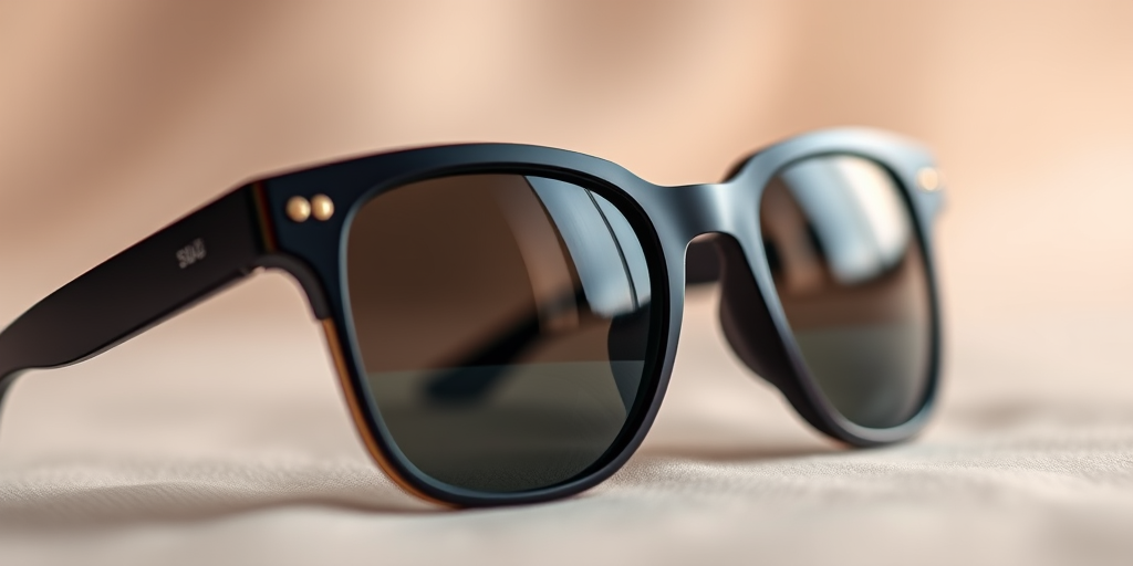 Create a high-resolution image of stylish sunglasses on a soft-focus background with a Canon EOS 5D Mark IV, 50mm lens, f/2.8 aperture, 1/200 sec shutter speed, and ISO 100.