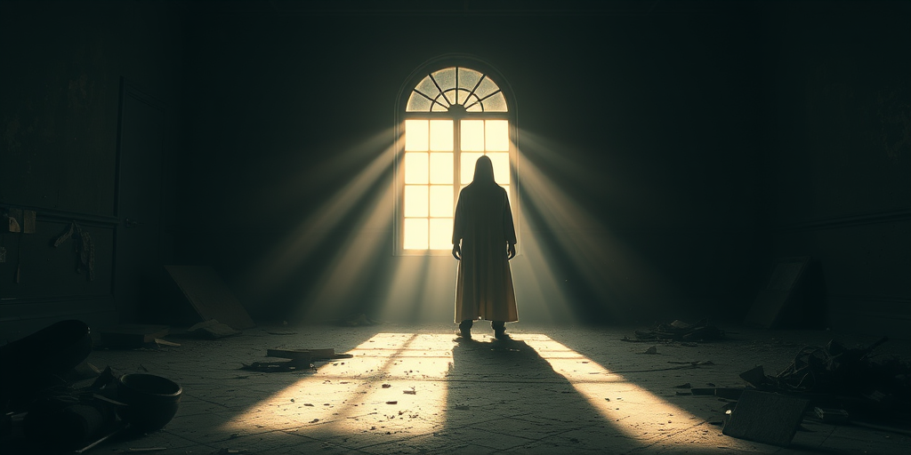 A dark, eerie room with scattered debris, a ghostly silhouette in front of a bright window, dramatic shadows and light rays filtering through dust, captured with a Canon EOS R5, 24mm lens, f/1.8, ISO 100, 1/60s, low angle view, cinematic style.