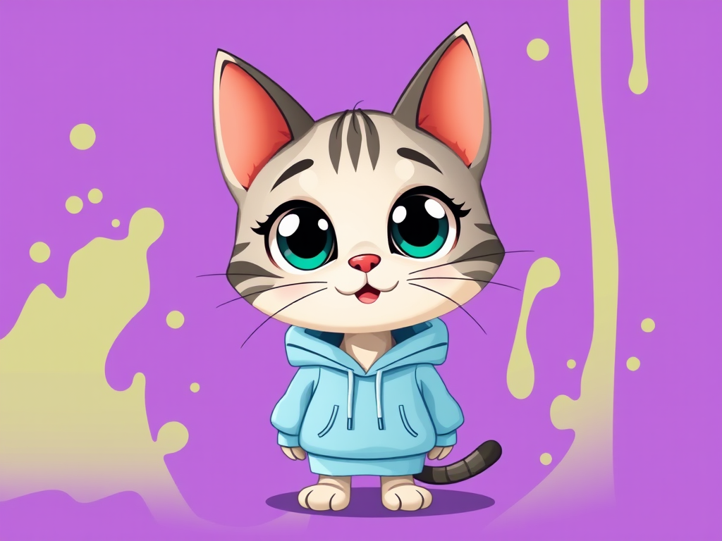 Create an adorable cartoon cat character with large expressive eyes, wearing a light blue hoodie, standing in a whimsical dripping paint style, set against a vibrant purple background, captured with a Canon EOS R5, 50mm lens, f/1.8 aperture, ISO 100, in a bright and colorful vector art style.