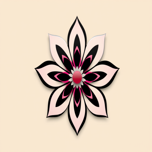 Create a digitally enhanced image of a stylized flower design with bold black, white, and pink colors set against a beige background, captured with a DSLR camera at F2.8, ISO 100, 50mm lens, with a soft focus effect and high contrast to emphasize the graphic elements.