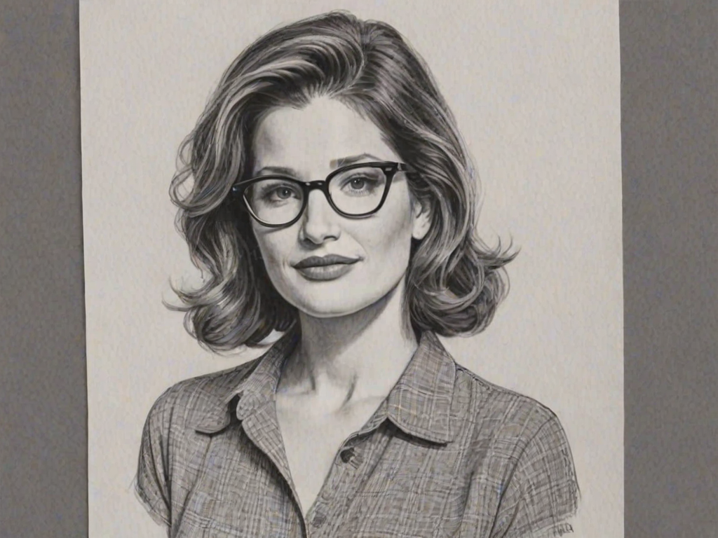 Charming Kathryn Hahn, pencil sketch, portrait of Attractive woman 1957s in glasses, hair style beatnik, outline, clear lines, fine lines, 8k