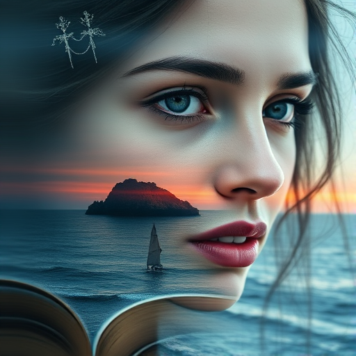 this picture is Book cover, A surreal double exposure portrait that blends a woman's face with a beautiful seascape. The overall mood is dreamy and mystical, with rich colors and intricate details