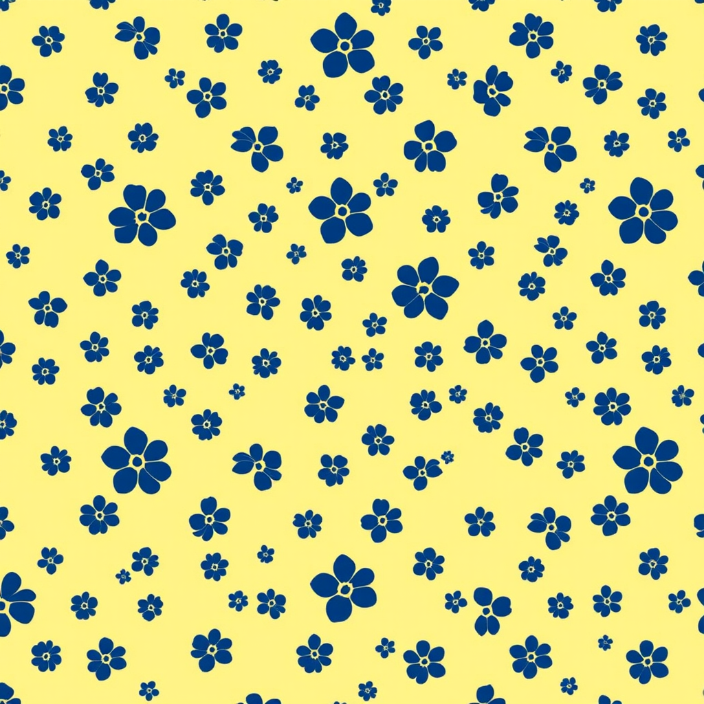 create a seamless pattern of small navy blue floral motifs on a soft yellow background, DSLR camera, f/8 aperture, 50mm focal length, ISO 100, top-down view, high-resolution image.