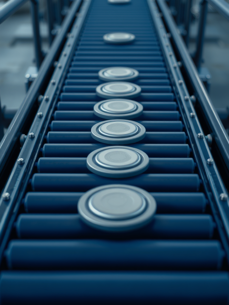 Regenerate a 3D illustration of a dark blue conveyor belt with five circular rollers, using a high-resolution camera with a macro lens at f/8 for depth of field, shooting from a top-down perspective to capture intricate details, in realistic rendering style.