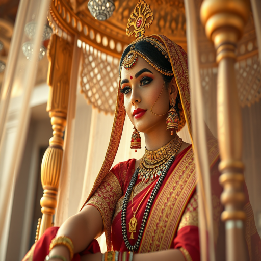 Generate a detailed illustration of a traditional Indian woman in ornate attire sitting under an intricate canopy, using a DSLR camera with a 50mm lens at f/1.8, ISO 100, capturing a close-up view with soft lighting to enhance the textures and gold accents.