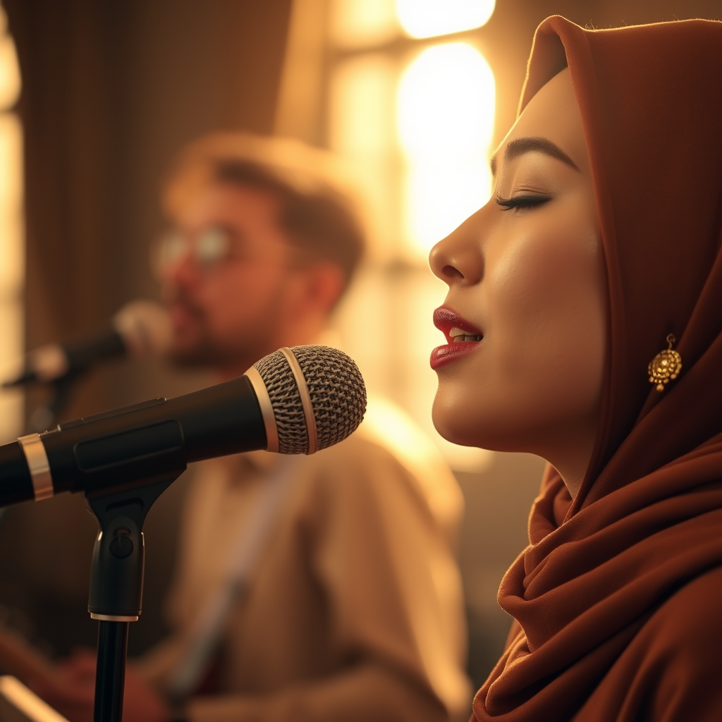 A close-up portrait of a asian woman with her eyes closed, singing into a microphone, positioned on the right side of the frame, facing the viewer. She is wearing a brown headscarf, gold earrings, and a brown blouse, and is bathed in warm, golden light emanating from the windows behind her. A blurred figure of a man singing into a microphone is visible in the background. The scene has a sense of calm and spirituality.