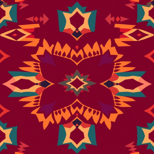 Create a vibrant tribal pattern with alternating geometric shapes in warm colors like coral, orange, and purple against a deep burgundy background, using a high-resolution DSLR camera with a 50mm lens, aperture set to f/8, ISO 100, and soft natural lighting for enhanced color depth and clarity.