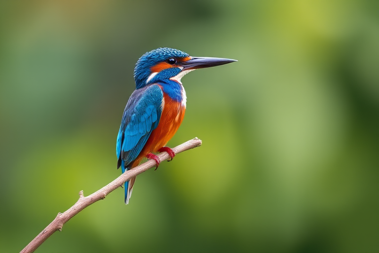 A vibrant blue kingfisher perched on a slender branch, blurred natural background, soft bokeh effect, photographed with a DSLR camera at f/2.8, ISO 100, 1/200 sec, 200mm focal length, shallow depth of field for enhanced focus on the bird.