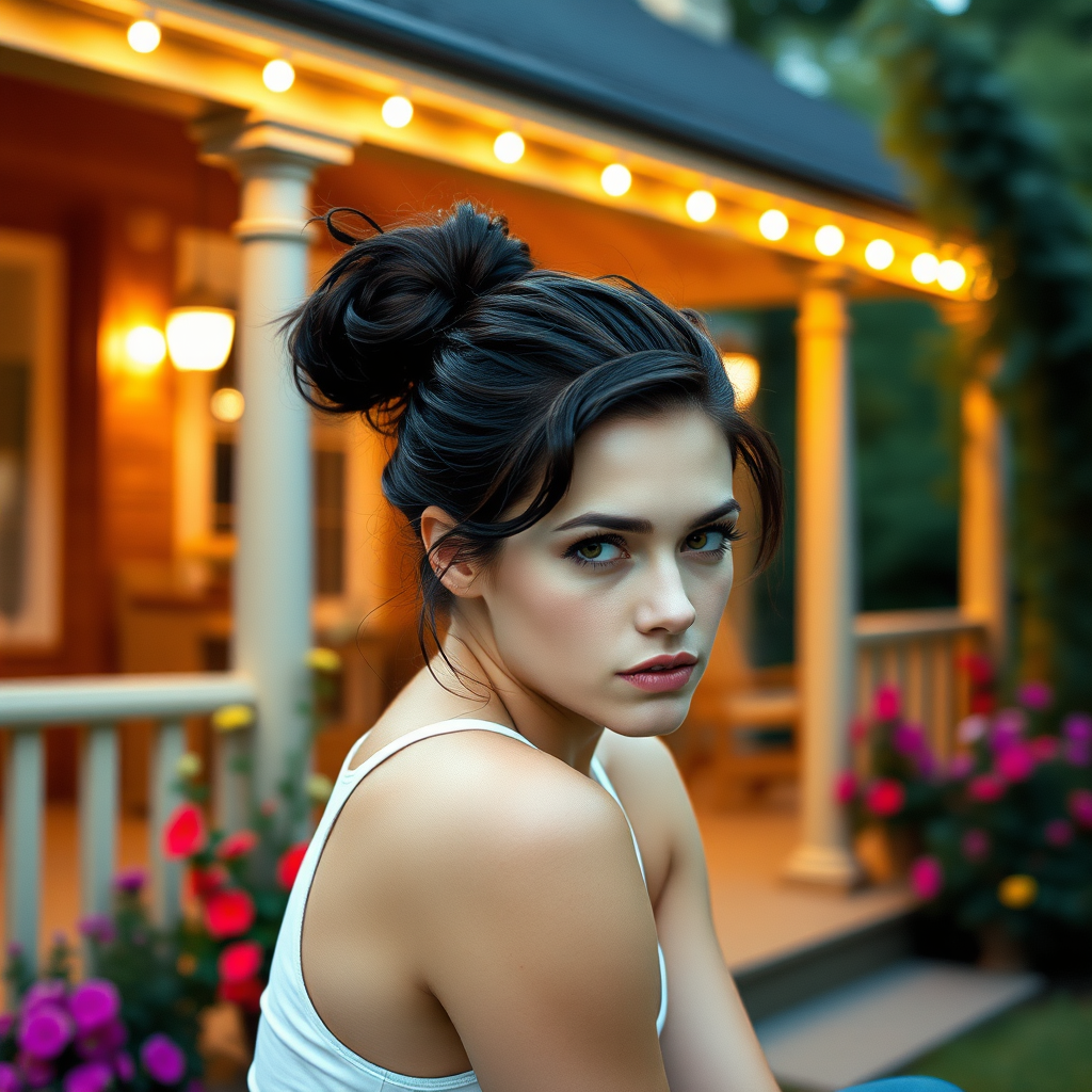 A photo of Kristen Stewart with a background of a cozy porch. She has dark hair pulled back in an updo, with tendrils framing her face. She wears a white tank top and sits on the porch. The porch is part of a well-lit home with a warm, earthy tone and colorful flowers and foliage. The overall scene has a warm, welcoming, and comfortable ambiance.
