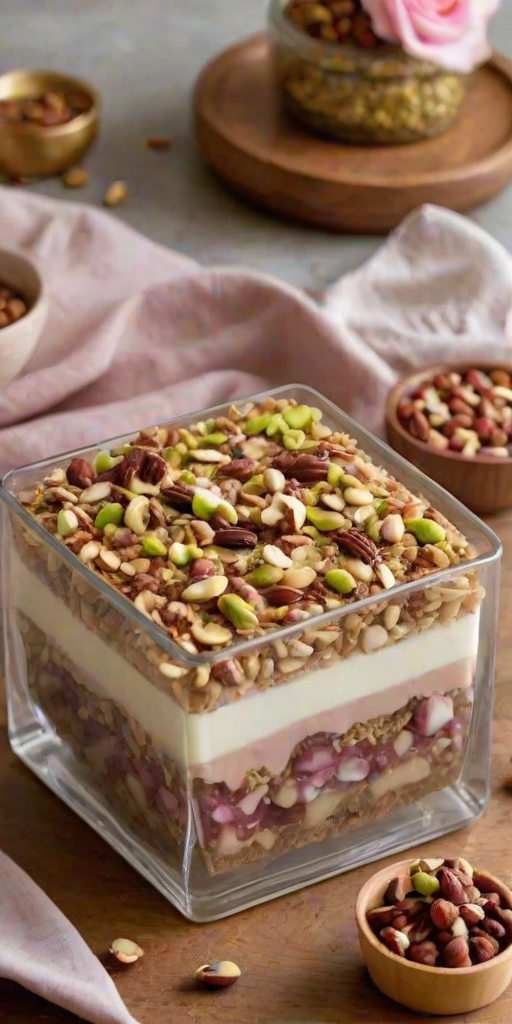 Create an image of a layered dessert in a transparent square container. The dessert has a creamy white layer, a brown cake layer, and is topped with round, glossy brown sweets. Sprinkle the top with chopped nuts, rose petals, and pistachios for decoration. Include a wooden bowl filled with similar brown sweets in the background. The setting is warm and inviting.