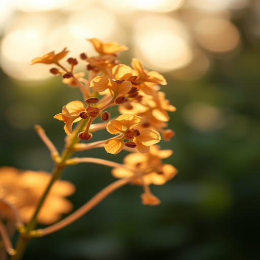 Capture a close-up of delicate dried hydrangea flowers backlit by soft sunlight, using a DSLR camera with a 50mm lens, aperture set to f/1.8 for a shallow depth of field, shutter speed at 1/250s, ISO 200, in a bokeh style to emphasize the warm orange tones against a blurred natural background.