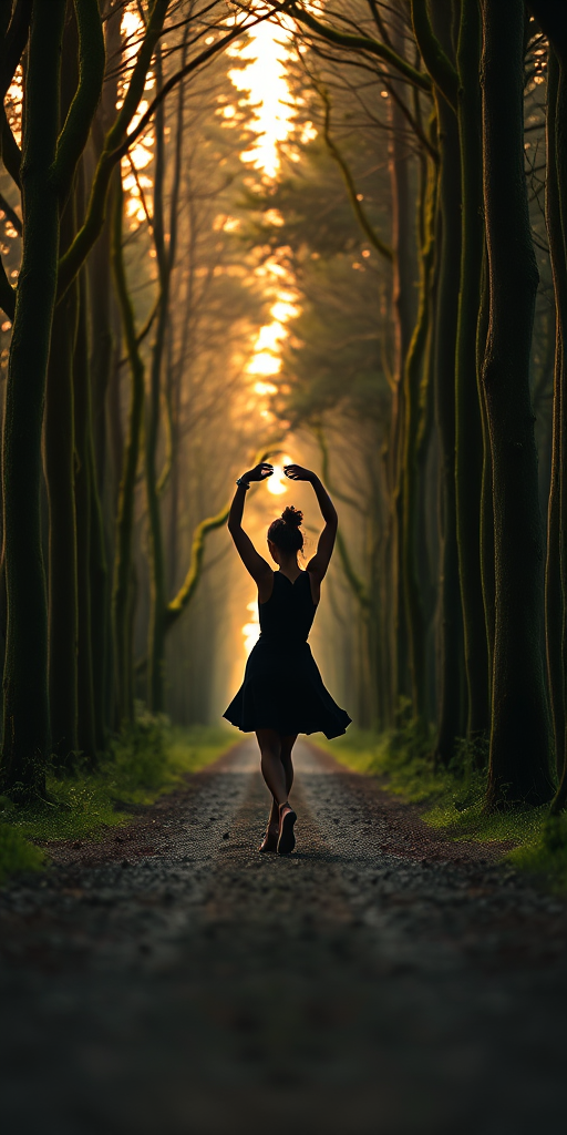 A serene forest pathway illuminated by soft golden light at dusk, featuring a graceful silhouette of a woman dancing with arms raised, surrounded by tall mossy trees, captured with a Canon EOS R5, 50mm lens, f/1.8, ISO 200, 1/125s, using a shallow depth of field to enhance background blur and focus on the subject.