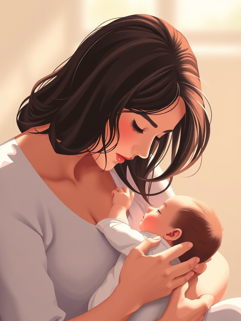 Create a high-resolution illustration of a mother breastfeeding her baby, using a soft focus lens with a shallow depth of field, shot with a DSLR camera at f/2.8, ISO 100, in natural light, emphasizing the tender connection and warmth between them.