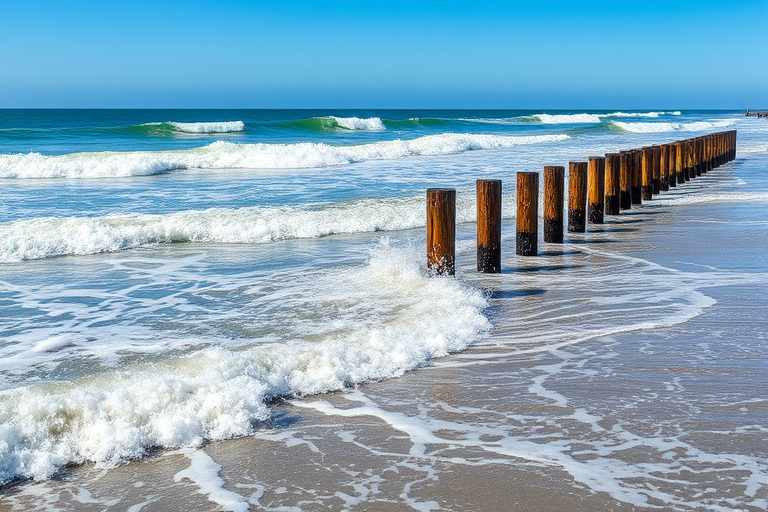 a seaside scene featuring waves crashing against a series of wooden posts extending into the ocean on a sunny day