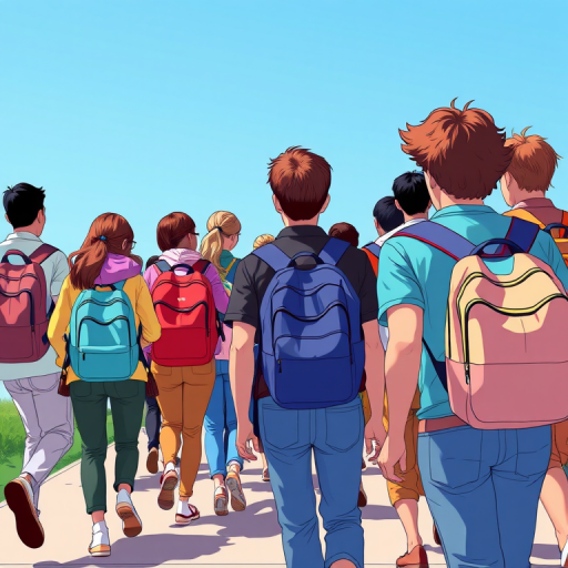 Create an illustration of a diverse group of people walking away, with various colored backpacks, in a bright and dynamic style, using a wide-angle lens with a shallow depth of field at f/2.8, ISO 100, and a vibrant color palette, resembling a digital artwork.