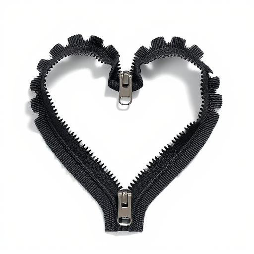 Create a high-resolution image of a heart shape made from a zipper, using a DSLR camera with a 50mm lens, aperture set to f/1.8 for a shallow depth of field, shooting in natural light to enhance the texture of the zipper, with a clean, white background for contrast.