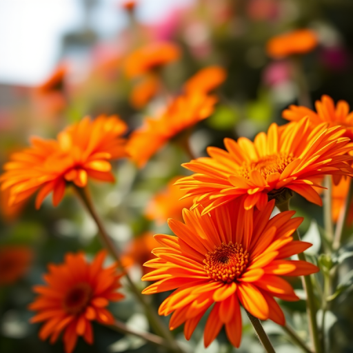 Close-up shot of vibrant orange chrysanthemums with a blurred background, f/2.8 aperture, 100mm macro lens, ISO 200, natural sunlight, shallow depth of field, DSLR camera.