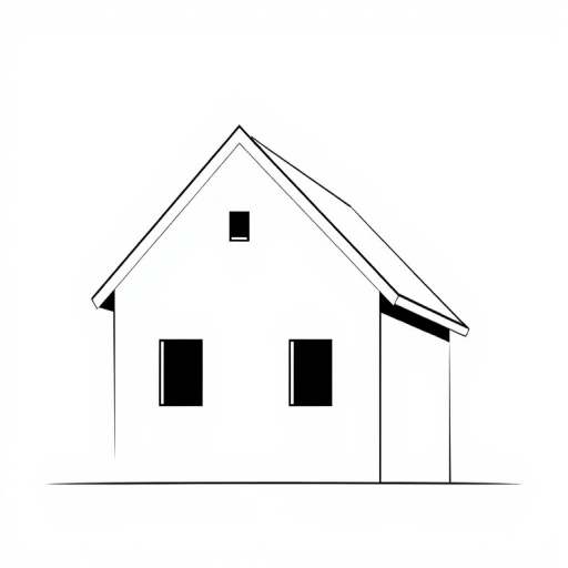 Design a minimalist black and white illustration of a house with a gabled roof and two square windows, captured in sharp focus using a DSLR camera, aperture f/8, ISO 100, 50mm lens, and a straight-on perspective.