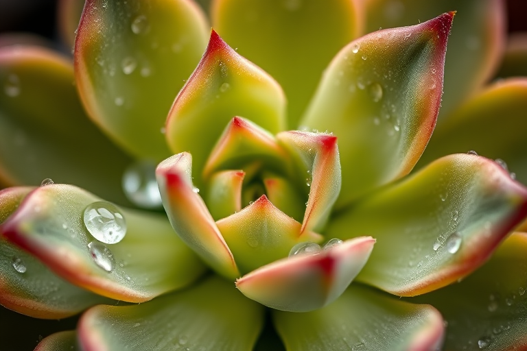 high-resolution macro shot of a succulent with dewdrops on its leaves, focusing on the intricate details and textures, natural lighting, aperture f/2.8, shutter speed 1/125s, ISO 200, DSLR camera with a macro lens