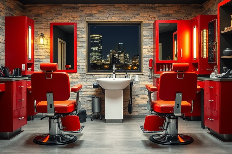 Create a modern barber shop interior with two red barber chairs, a sleek white sink, storage cabinets with mirrored fronts, a rustic stone wall background, warm lighting fixtures, and a cityscape window view at night, captured with a DSLR camera, 35mm lens, f/2.8 aperture, ISO 200, and a wide-angle perspective for enhanced depth and clarity.