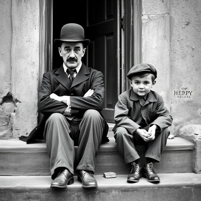 A black-and-white photograph of a man and a child sitting on steps in front of a doorway. The man is dressed as a tramp with a bowler hat, mustache, and ragged clothes, reminiscent of Charlie Chaplin's iconic look. He is sitting with his arms crossed and an expression of slight sadness or frustration. Next to him is a young boy, also in worn clothes and a cap, sitting with his hands clasped, looking thoughtful. The background is an old, textured wall and a partially open door, creating a vintage, early 20th-century atmosphere.