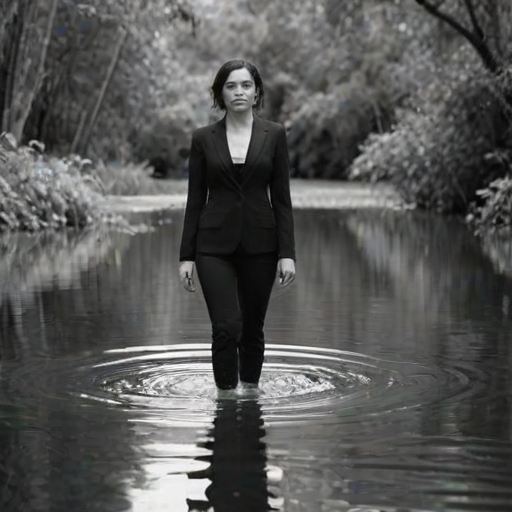 A woman in a black suit wading through a calm, reflective body of water surrounded by lush greenery, captured in black and white.