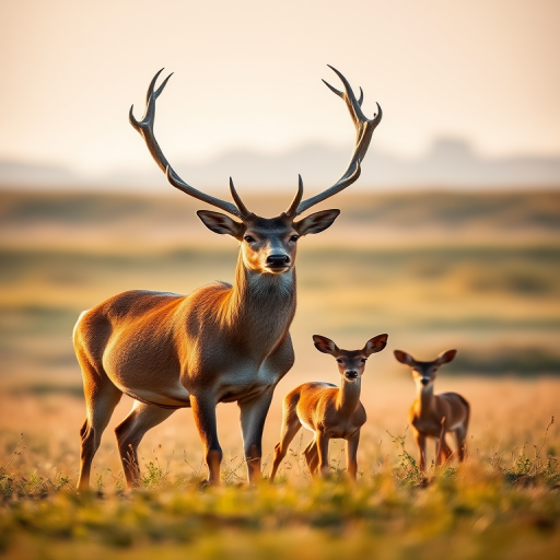 Capture a majestic stag with large antlers standing tall in a serene meadow, accompanied by two doe, early morning light creating a soft glow, use a DSLR camera with a 70-200mm lens, aperture f/2.8, shutter speed 1/1000s, ISO 400, shallow depth of field for a blurred background.