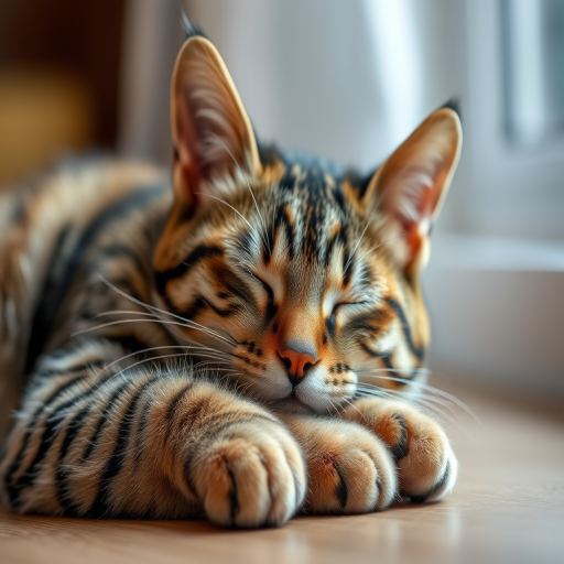 high-resolution image of a sleeping tabby cat with closed eyes and paws crossed, soft focus background, taken with a DSLR camera at 50mm, f/1.8 aperture, ISO 200, natural light, shallow depth of field