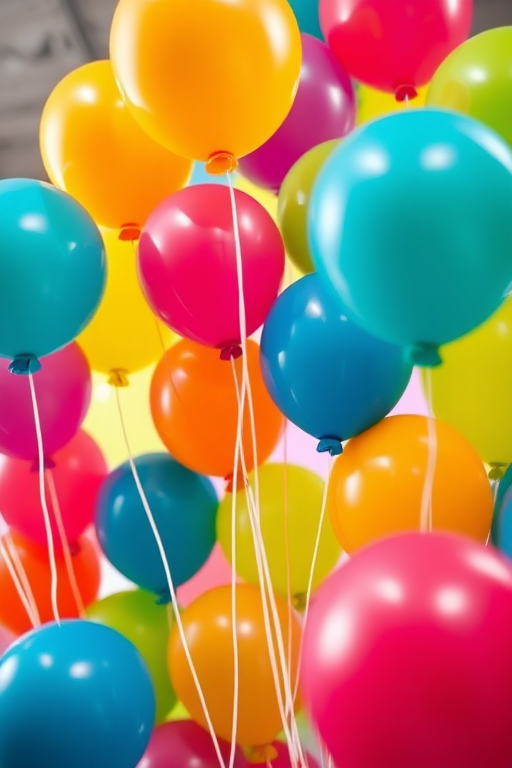 create an image of colorful balloons in a studio setting with a shallow depth of field, camera settings: f/2.8, ISO 100, shutter speed 1/200s, camera type: DSLR, camera view: eye level, camera style: vibrant colors and high contrast, enhance the clarity and detail of the balloons.