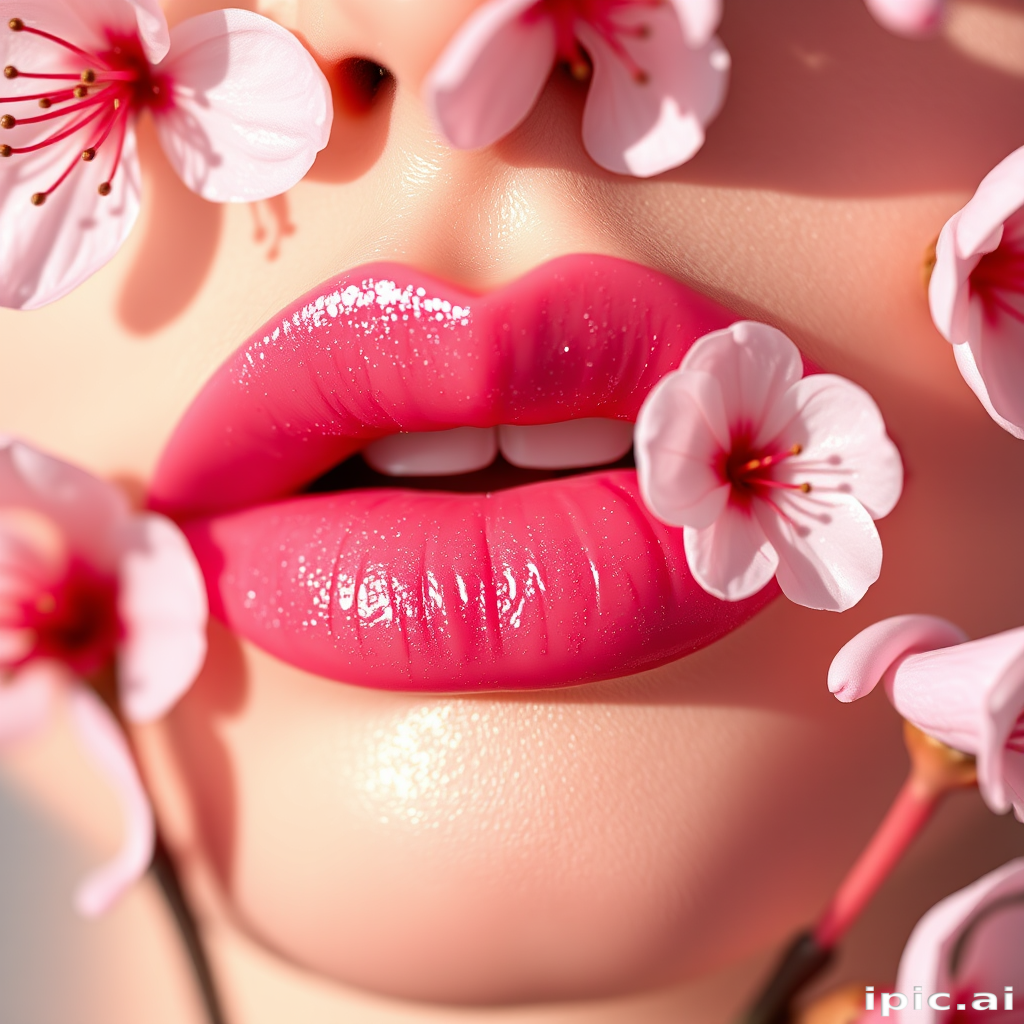 Stunning cherry blossom lips with delicate pink hues and subtle shimmer, featuring petal-like texture and a glossy finish that catches the light beautifully