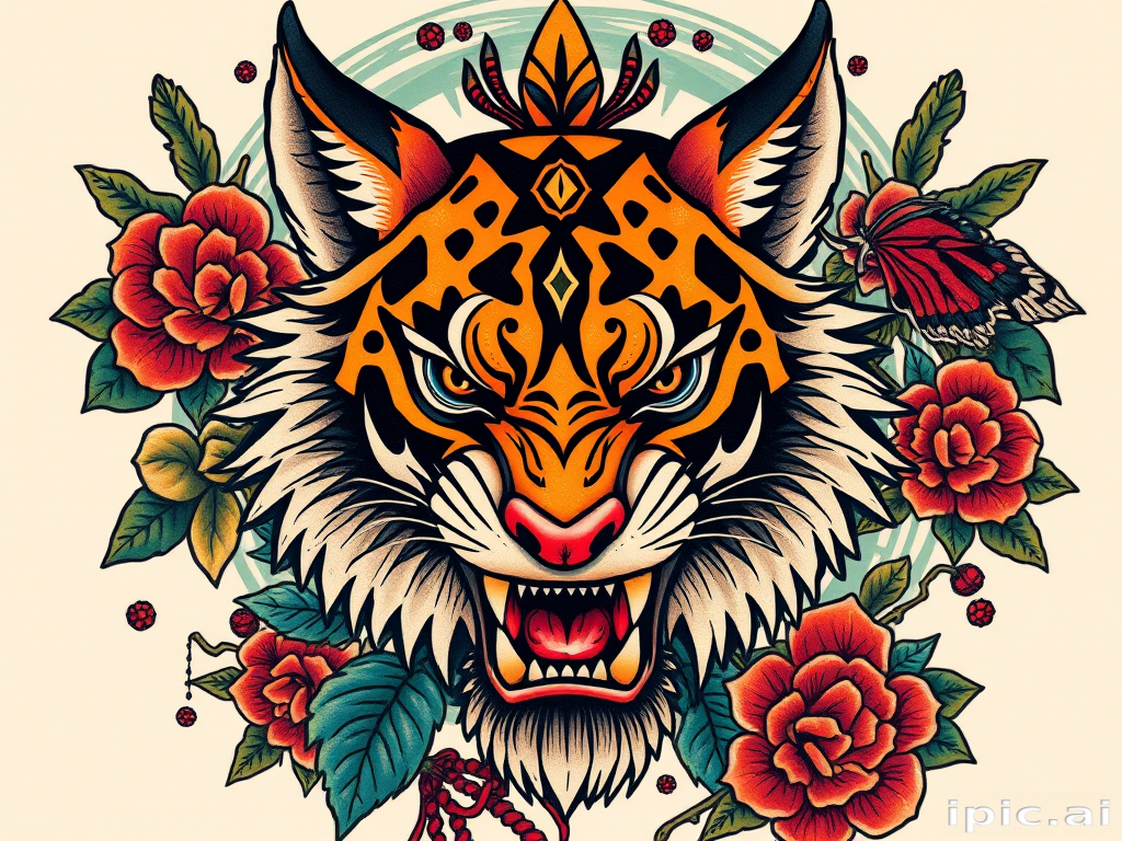 Neo-traditional tattoo called "Savage Beauty" showcasing a fierce animal portrait surrounded by bold, saturated colors and thick outlines, incorporating elements of nature and symbolism