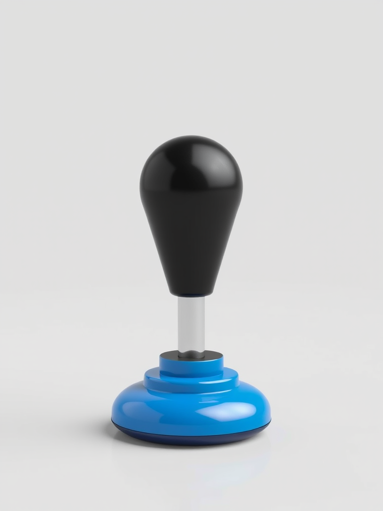 Create a realistic 3D rendering of a joystick with a shiny black handle and a blue base, using a DSLR camera with a 50mm lens, f/1.8 aperture, 1/200 sec shutter speed, and ISO 100, set against a light gray background to enhance details and depth.