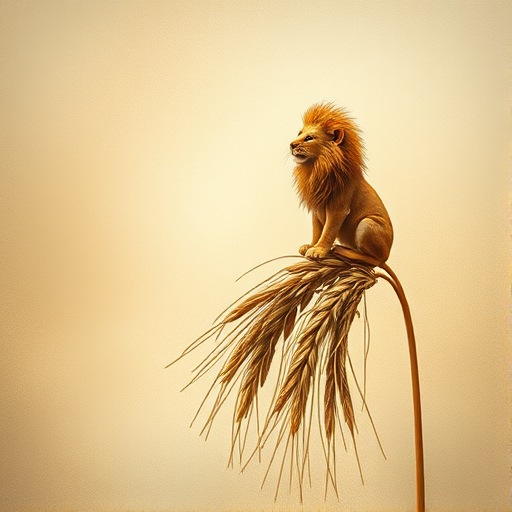Soft, muted Alcohol Ink with ebru effect background image of tiny whimsical lion, who climbed high on the top of a golden rye ear.