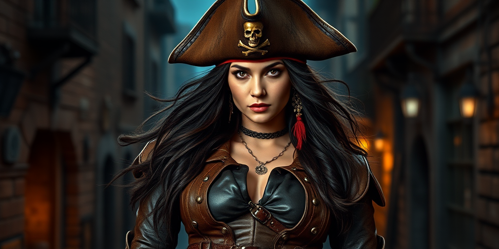 Create a portrait of a fierce female pirate. She wears a leather tricorn hat adorned with a skull and crossbones emblem, and her long, dark hair flows around her face. Her outfit consists of a richly detailed leather jacket, a corset, and multiple layers of belts and accessories, giving her a formidable and stylish appearance. She stands confidently in a dimly lit, historic port town, with a backdrop of weathered buildings and cobblestone streets, capturing the adventurous spirit of a pirate.