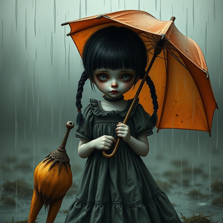 An eerie, weird little girl with dark hair in thin pigtails, wearing a smock dress, standing in the rain, holding a dirty orange umbrella, a small, odd creature beside her. In a surreal style inspired by Nicoletta Ceccoli and Brian Froud. Dark fantasy themes