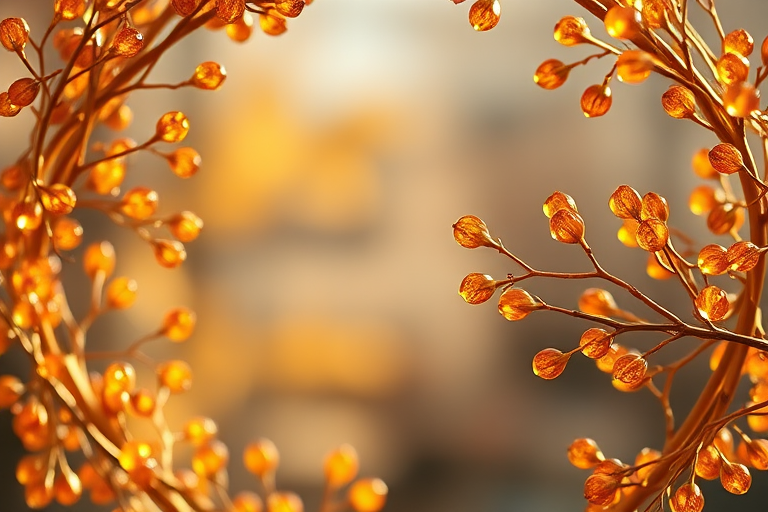 Create a circular design featuring golden branches adorned with amber gemstones, photographed with a Canon EOS R5, aperture set to f/2.8, 50mm lens, shallow depth of field, soft natural lighting for a warm glow.