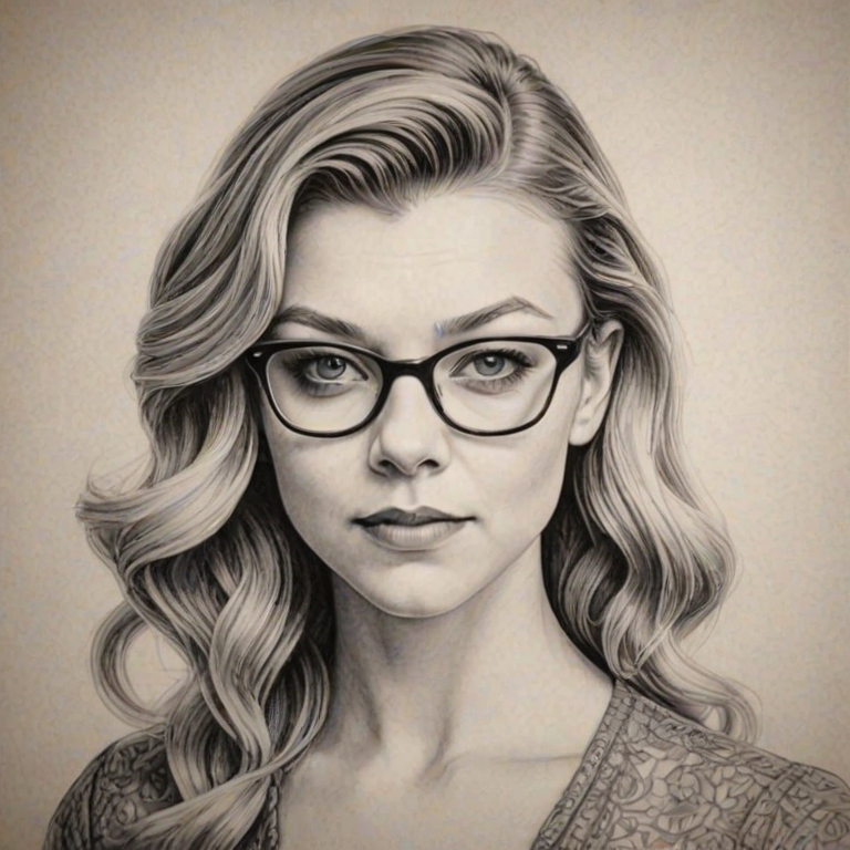 Captivating Natalie Dormer, pencil sketch, portrait of Superb woman 1948s in glasses, hair style beatnik, outline, clear lines, fine lines, 8k