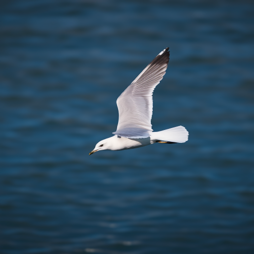 seagull in flight over water, high-resolution, f/4 aperture, 1/1000s shutter speed, ISO 200, 50mm lens, taken with a DSLR camera, focus on the bird with a blurred background.