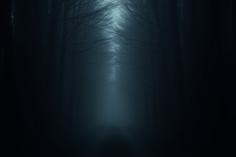 dark forest pathway with silhouetted trees, misty atmosphere, soft focus, wide angle view, 50mm lens, f/2.8 aperture, ISO 100, low light conditions, DSLR camera, high dynamic range, natural colors, moody lighting