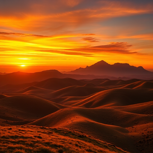 Generate a vibrant sunset landscape with rolling hills and sharp peaks under an orange and yellow sky, captured with a DSLR camera at f/8 aperture, ISO 200, 50mm lens, in landscape orientation, with soft focus for a dreamy effect.