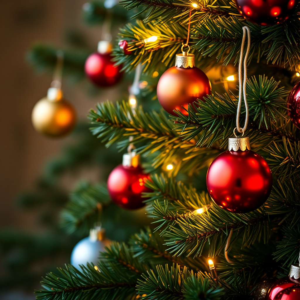 Create a cozy and festive image of a Christmas tree adorned with colorful ornaments and twinkling lights. Focus on the warm glow of the lights reflecting off the ornaments, with a rich green backdrop of pine needles. Capture the essence of holiday cheer and warmth.
