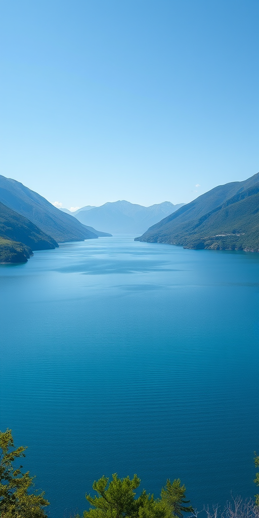 Generate a high-resolution image of a serene landscape featuring a wide, tranquil lake surrounded by lush green mountains under a clear blue sky, captured with a Canon EOS R5 at ISO 100, f/8 aperture, 1/250 shutter speed, wide-angle lens at 24mm, using a landscape photography style.