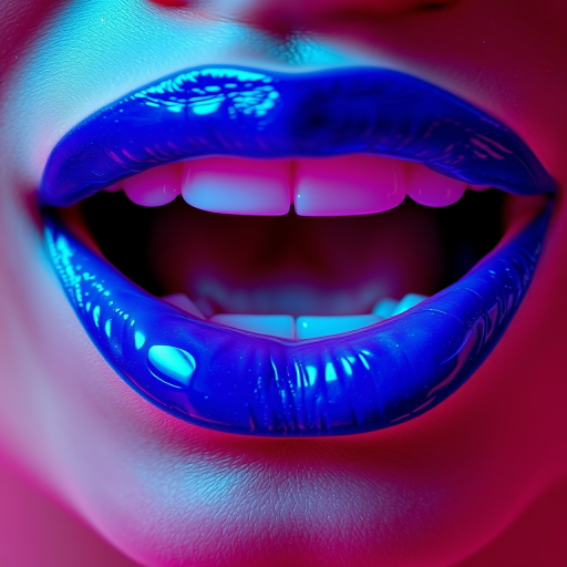 Fascinating depiction of electric blue lips with a neon sheen, showcasing vivid color payoff and attention-grabbing brightness