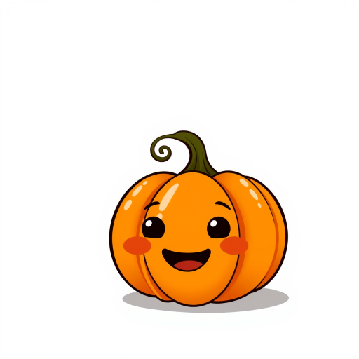 Create a kawaii-style pumpkin with a cheerful, happy face and rosy cheeks. The pumpkin should be vibrant orange with a shiny texture. Design it to be cute and playful, ideal for a light-hearted Halloween or autumn theme, with a simple and whimsical expression.