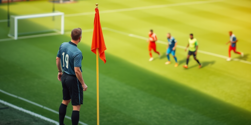 Create an image of a soccer referee standing near a corner flag on a bright green field during a match, captured with a DSLR camera, 50mm lens, f/2.8 aperture, ISO 200, 1/500 sec shutter speed, shallow depth of field, focusing on the referee while blurring the players in the background.