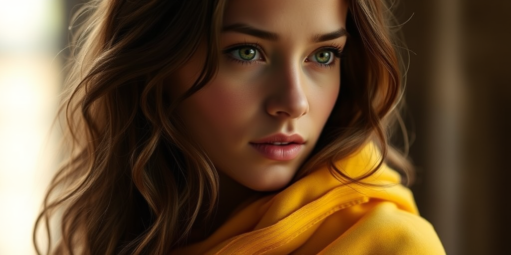 portrait of a young woman with long wavy hair wearing a soft yellow cloak, soft dramatic lighting from behind, 85mm lens, f/1.8 aperture, ISO 100, shallow depth of field, DSLR camera, soft focus style, ethereal atmosphere