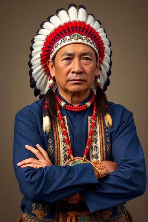 Create a dignified portrait of a Native American man dressed in traditional attire. He wears a beautifully crafted headdress adorned with white feathers and red beads, along with a beaded headband featuring intricate patterns. His clothing includes a deep blue, patterned shirt and a traditional chest piece with detailed beadwork. His arms are crossed, displaying leather armbands decorated with feathers. The background is simple and neutral, emphasizing his proud and stoic expression. The overall image captures the rich cultural heritage and strength of his persona.