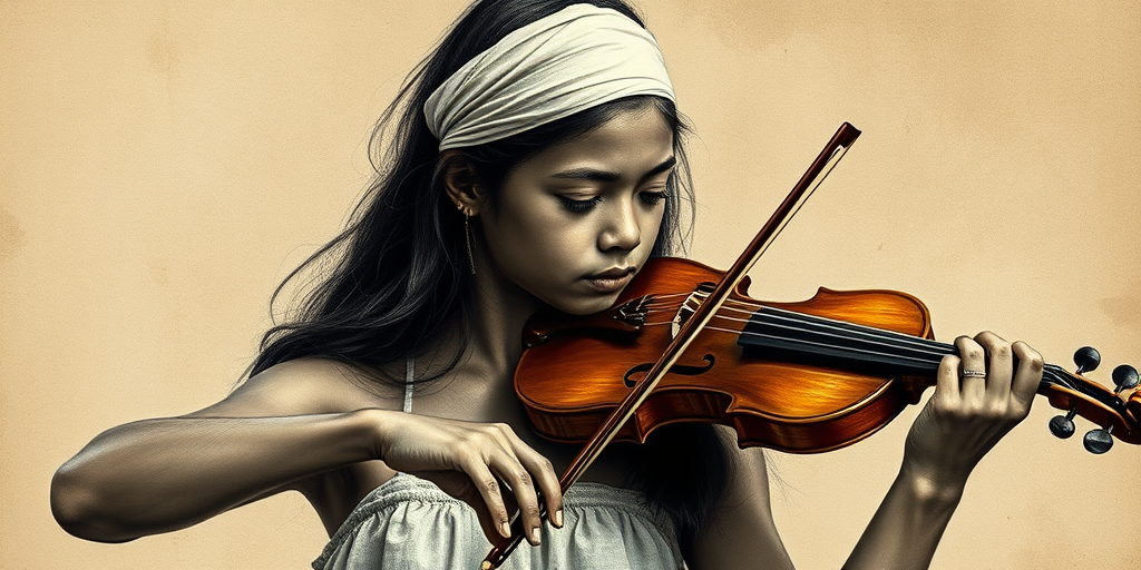 a young Tahitian woman with a white headband playing a violin, in the style of a charcoal drawing, sepia grunge background