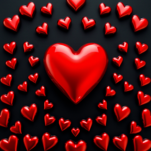 Create a vibrant red heart surrounded by smaller shiny hearts in a symmetrical pattern on a black background, shot with a macro lens at f/2.8, ISO 100, with soft natural lighting, using a DSLR camera for high detail and clarity.