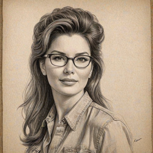 Comely Shania Twain, pencil sketch, portrait of Sublime woman 1941s in glasses, hair style beatnik, outline, clear lines, fine lines, 8k